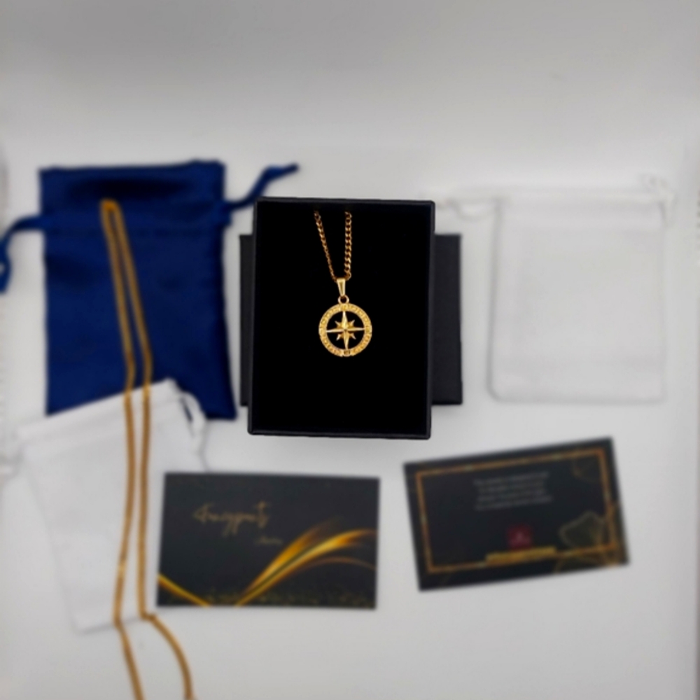 Compass 18K Gold Plated Pendant and 18K Miami Cuban Link Chain